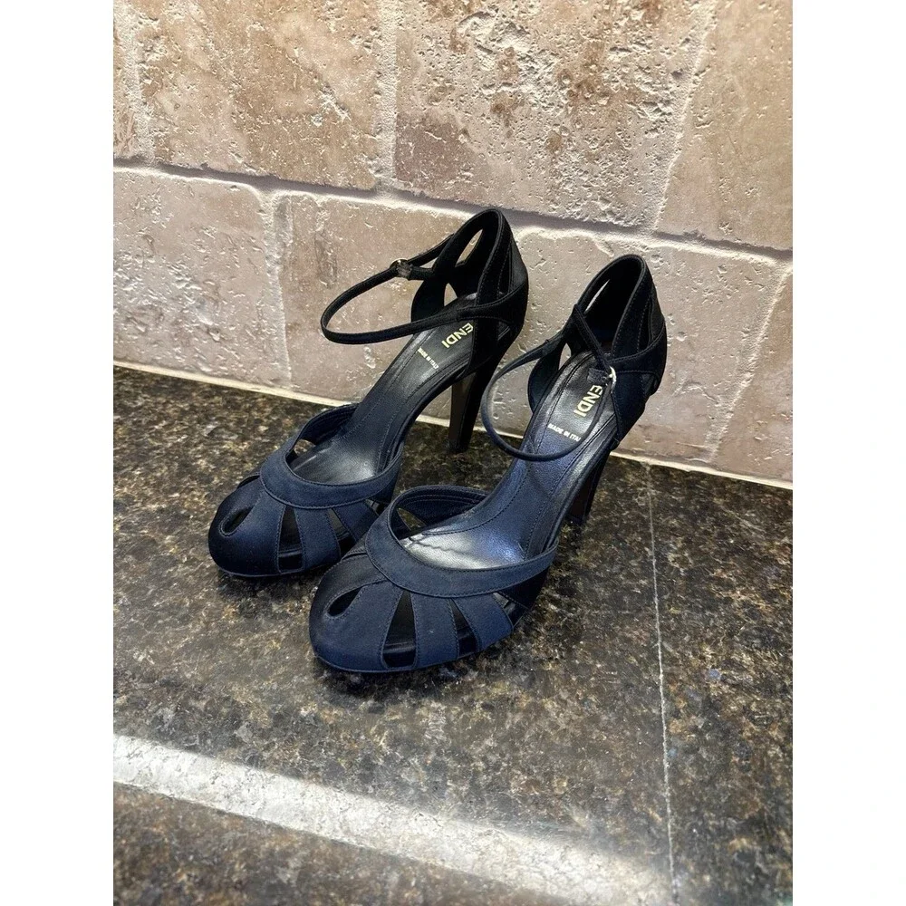 Vintage Fendi Black Satin Sandals Size 37 EU 6 1/2 US GUC - Picture 2 of 12